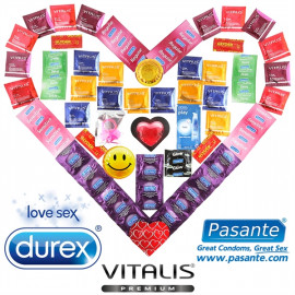 Luxusný Maxi Balíček - 55 kondómov Durex, Pasante a Vitalis + lubrikačný gél + vibračný krúžok