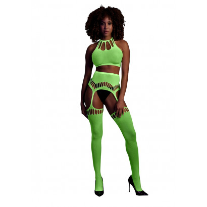 Ouch! Glow in the Dark Two Piece with Crop Top and Stockings Neon Green